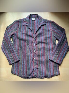 Vintage 1970s Boho Striped Multicolor Button-Down Shirt - Cotton Linen Blend